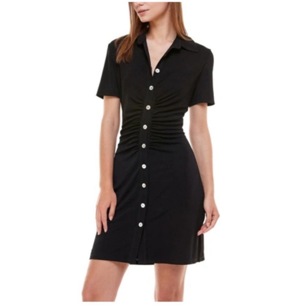 Wayf Black Jennifer Ruched Button Up Mini Shirt Dress